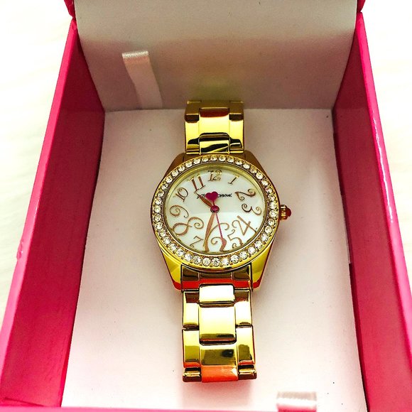 New! Betsey Johnson Rhinestones Heart Watch Gold